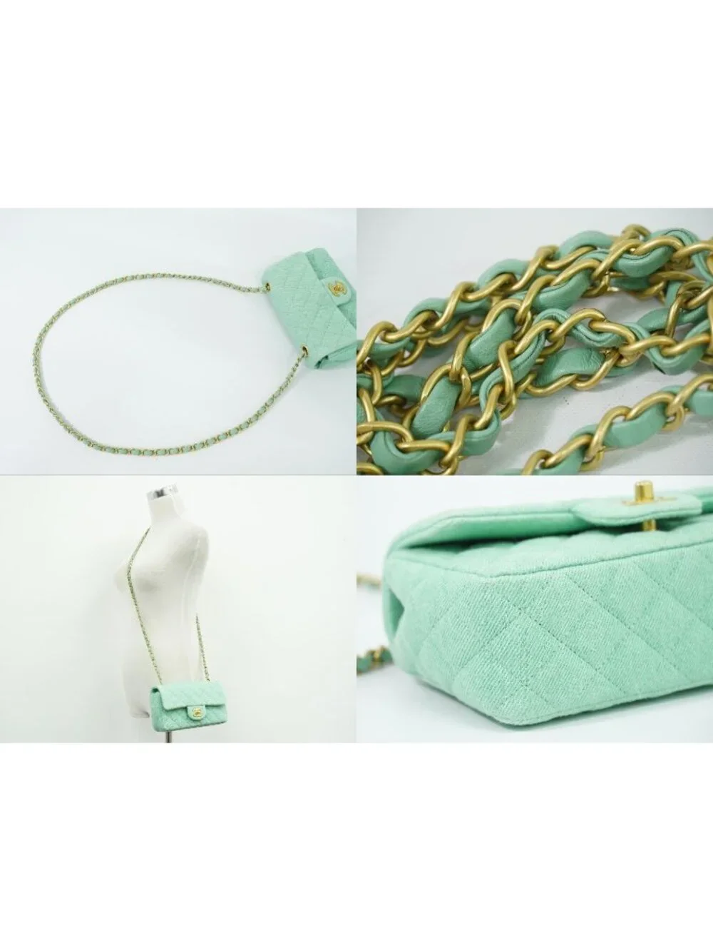 Chanel CC Logo Quilted Chain Shoulder Bag Denim Light Green Vintage